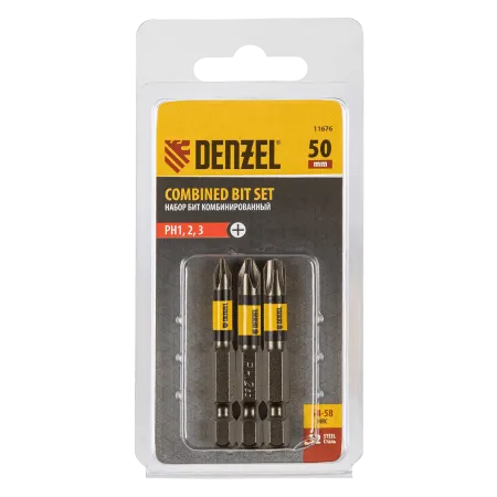 Набор бит комбинированный DENZEL 3 шт., РН1, РН2, РН3, 50 мм, сталь S2