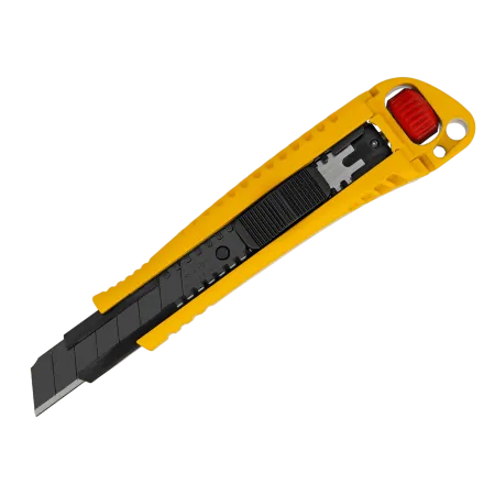 Нож DENZEL 18 мм, сменное лезвие, SK4, корпус из цинкового сплава + TPR, торцевой зажим