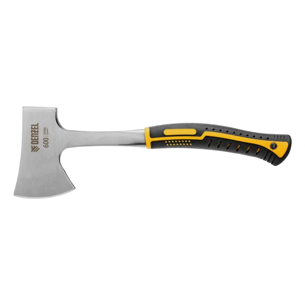 Топор цельнометаллический DENZEL, 600 г, двухкомпонентная обрезиненная рукоятка, изогнутый хват