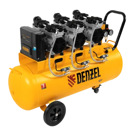 Компрессор безмасляный, малошумный DENZEL DLS 2250/100, 2250 Вт, 3x750, 100 л, 410 л/мин блок управления/ Denzel
