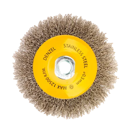 Щетка для УШМ DENZEL 746163, 125 мм, «тарелка», витая нержавеющая проволока 0.3 мм, М14