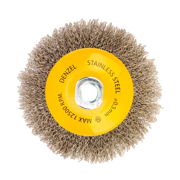Щетка для УШМ DENZEL 746163, 125 мм, «тарелка», витая нержавеющая проволока 0.3 мм, М14