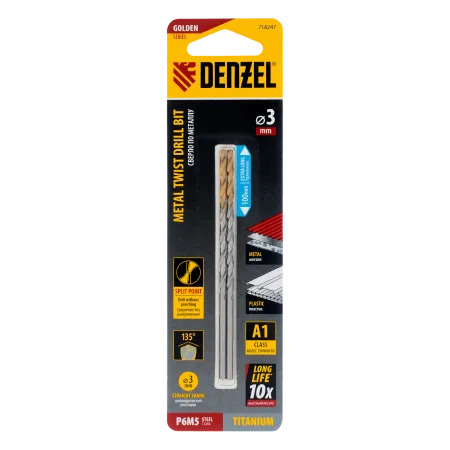 Сверло спиральное по металлу DENZEL 3 х 100 мм, Р6М5, Golden Tip, удлиненное, 2шт.