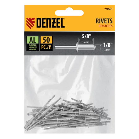 Заклепки алюминиевые DENZEL 1/8"-5/8", 3 х 15 мм, 50 шт