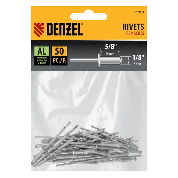 Заклепки алюминиевые DENZEL 1/8"-5/8", 3 х 15 мм, 50 шт