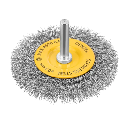 Щетка для дрели DENZEL, 75 мм, Плоская, со шпилькой, нержавеющая витая проволока