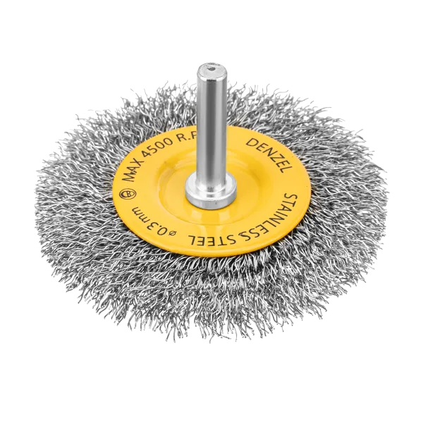 Щетка для дрели DENZEL, 75 мм, Плоская, со шпилькой, нержавеющая витая проволока