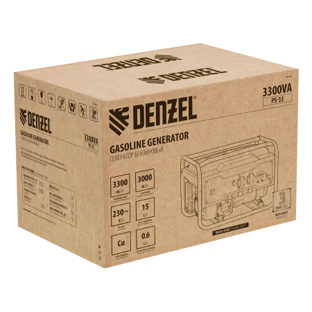 Генератор бензиновый DENZEL PS 33, 3.3 кВт, 230 В, 15 л, ручной старт