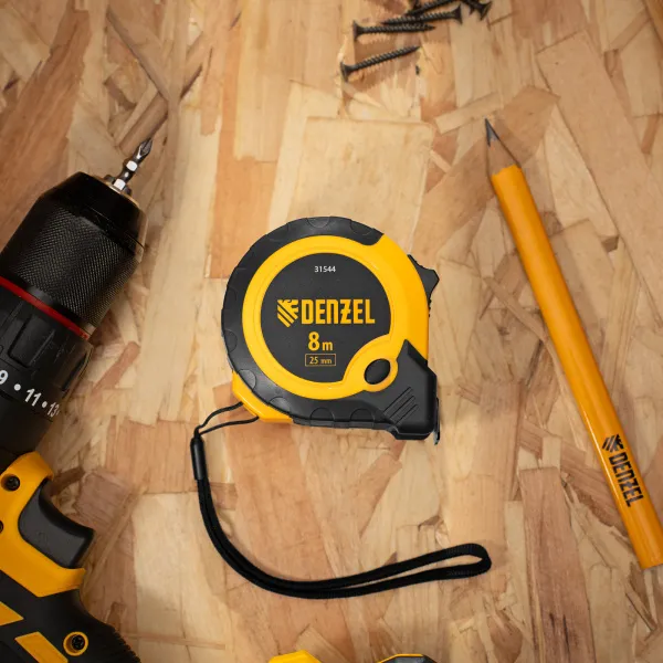Рулетка DENZEL 8м х 25мм, двухкомп. корпус, кнопка-пауза