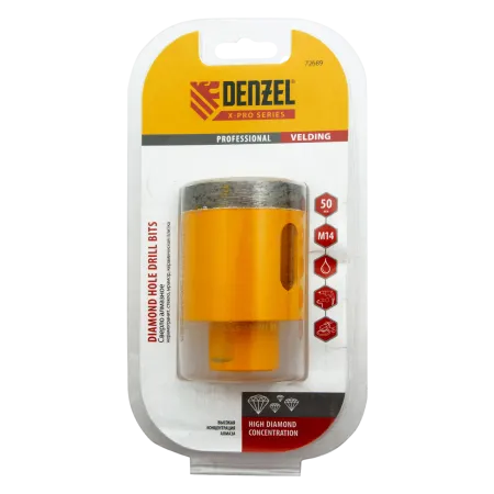 Сверло алмазное по керамограниту DENZEL 72689, 50 мм, М14, мокрая резка