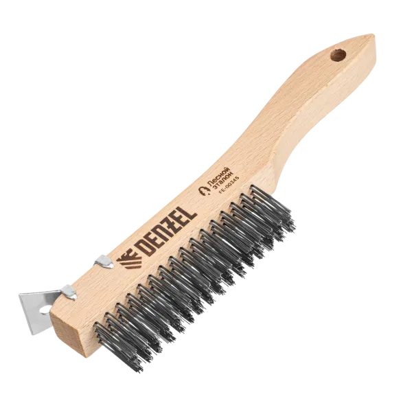 Щетка зачистная 4-х рядная DENZEL, проволока из нержавеющей стали с деревянной ручкой скребок, EFP