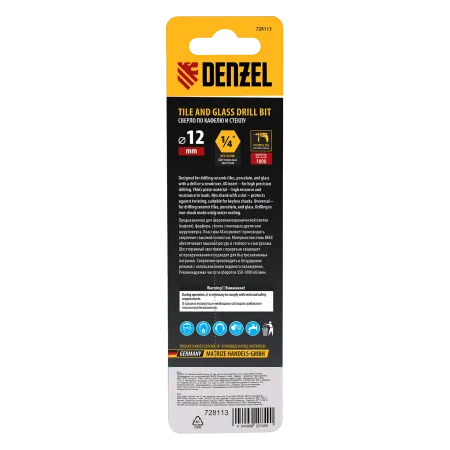 Сверло по керамической плитке DENZEL 12 мм, крестовая пластина, шестигранный хвостовик