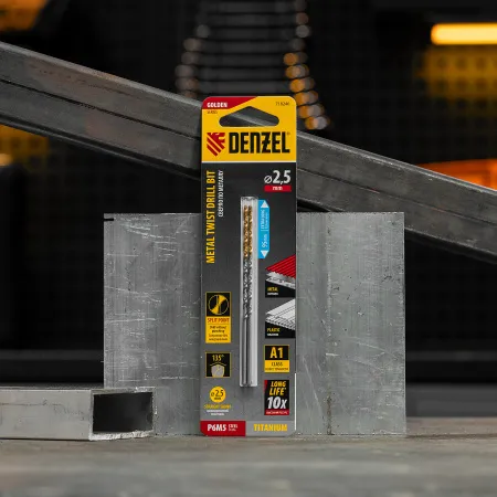 Сверло спиральное по металлу DENZEL 2,5 х 95 мм Р6М5, Golden Tip, удлиненное, 2шт.