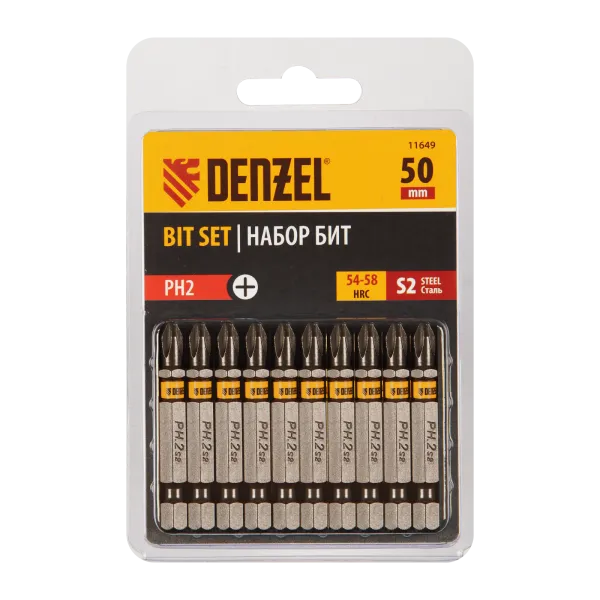Бита DENZEL PH2х50, сталь S2, шестигранный профиль, 10 шт. Е 6,3