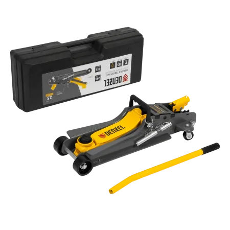 Домкрат гидравлический подкатной с фиксатором DENZEL 2,5 т,  85-385 мм, в пласт. кейсе