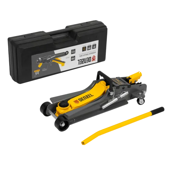 Домкрат гидравлический подкатной с фиксатором DENZEL 2,5 т,  85-385 мм, в пласт. кейсе