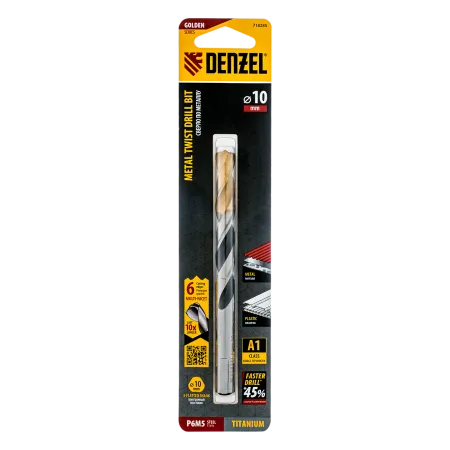 Сверло спиральное по металлу DENZEL 10 x 133 мм, Р6М5, Golden Tip, многогранная заточка
