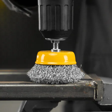 Щетка для дрели DENZEL, 50 мм, Чашка, со шпилькой, нержавеющая витая проволока