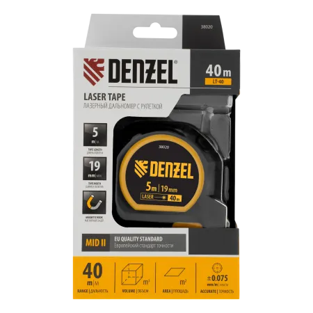 Лазерный дальномер с рулеткой LT-40 DENZEL 5м x 19 мм, дальномер 40м, автомат. фиксация