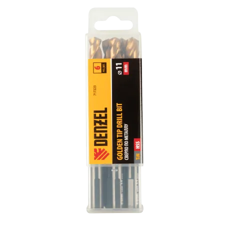 Сверло по металлу DENZEL 11 мм, HSS-Tin, Golden Tip, 6 шт.