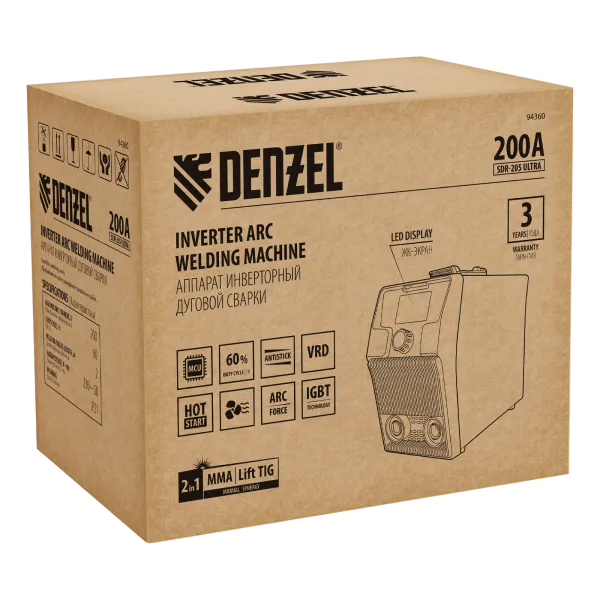 Аппарат инвертор DENZEL. дуговой сварки SDR-205 Ultra, 200 А, ПВ 60%
