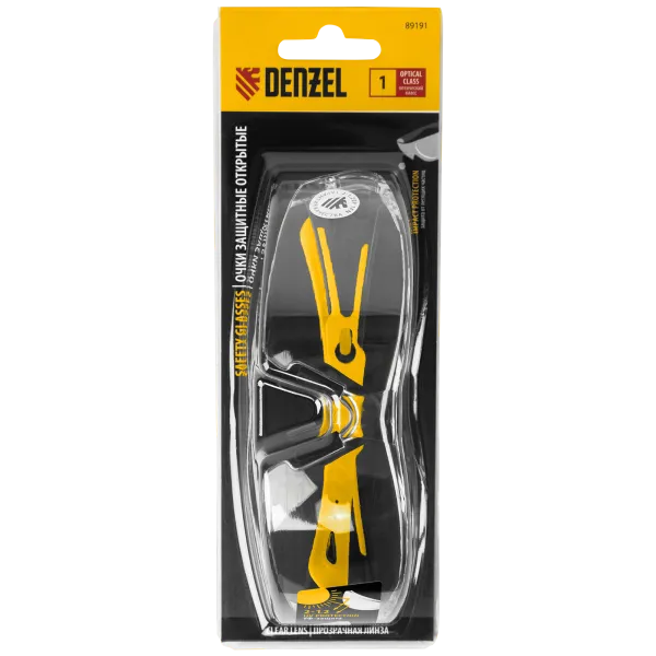 Очки защитные DENZEL открытые, поликарбонатные, прозрачная линза, 2х комп.дужки