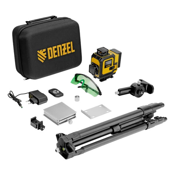 Лазерный уровень мультипризменный DENZEL DLV 360-4T, 30 м, зеленый луч, Li-Ion 2,4 Aч, штатив