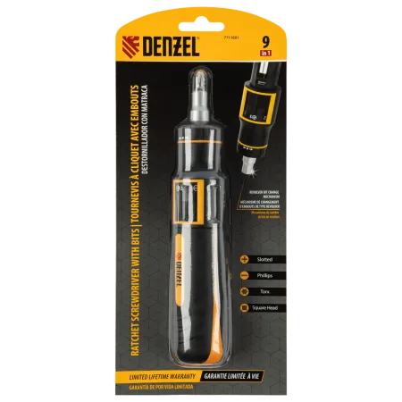 Отвертка реверсивная с револьверным механизмом DENZEL 11 шт, сталь S2