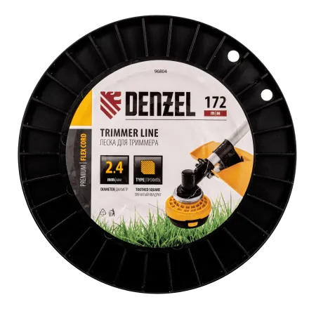Леска для триммера DENZEL 96804 зубчатый квадрат, 2,4мм х 172м, на DIN катушке FLEX CORD