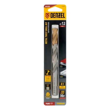 Сверло спиральное по металлу DENZEL 12 x 151 мм, Р6М5, Golden Tip 