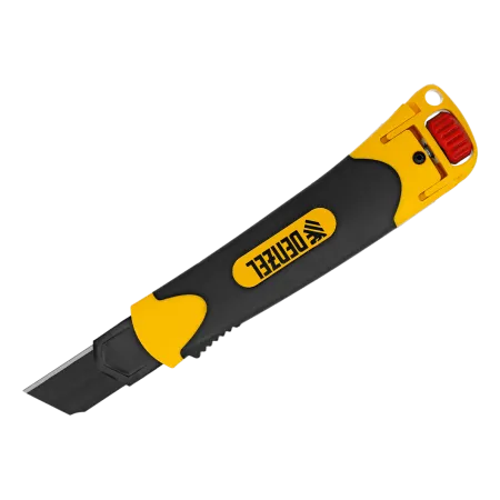 Нож DENZEL 25 мм, сменное лезвие, SK4, корпус из ABS + TPR, торцевой зажим