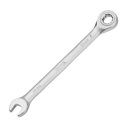 Ключ комбинированный трещоточный DENZEL, 10 мм, CrV, матовый хром