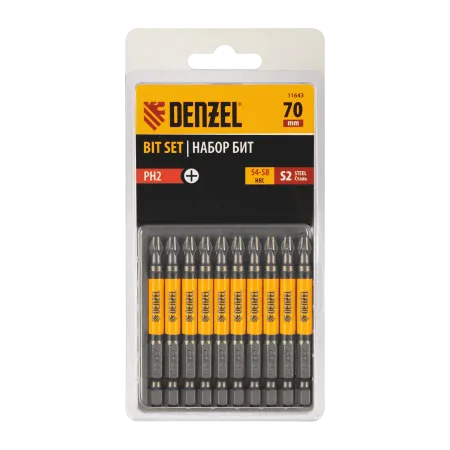 Бита DENZEL PH2х70, сталь S2, цилиндр., 10 шт. Е 6,3