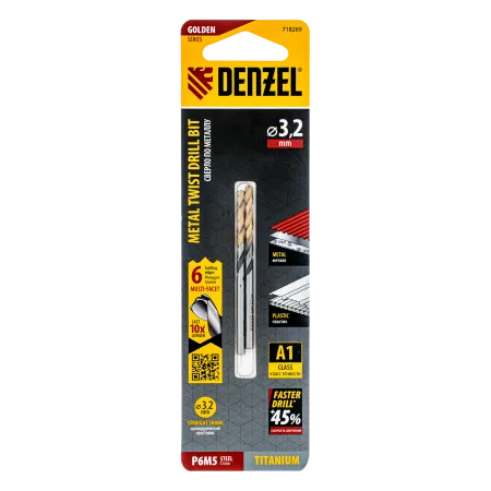 Сверло спиральное по металлу DENZEL 3,2 x 65 мм, Р6М5, Golden Tip, многогранная заточка, 2шт.