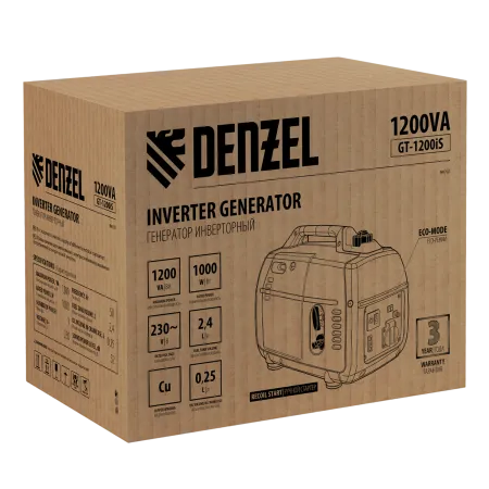 Инверторный генератор DENZEL GT-1200iS, 1.2 кВт, 230 В, бак 2.4 л, ручной старт