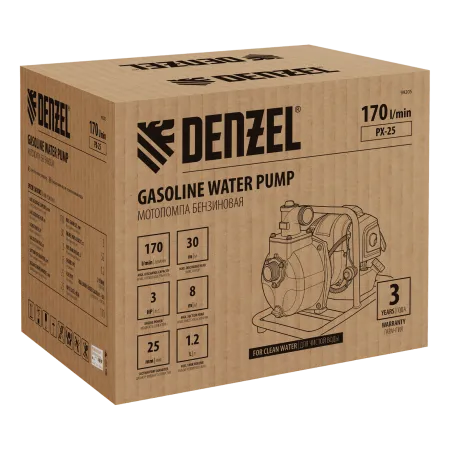 Мотопомпа бензиновая для чистой воды PX-25 DENZEL 52 см3, 1", 170 л/мин, глуб 8 м, напор 30 м