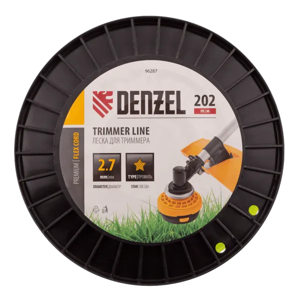Леска для триммера DENZEL 96287 звезда, 2,7мм х 202м, на DIN катушке FLEX CORD