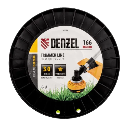 Леска для триммера DENZEL 96288 звезда, 3,0мм х 166м, на DIN катушке FLEX CORD