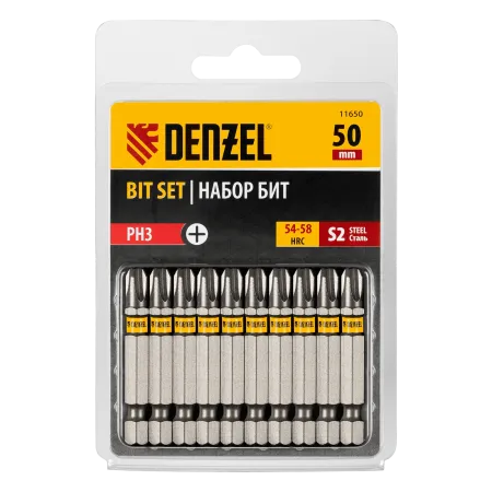 Бита DENZEL PH3х50, сталь S2, шестигранный профиль, 10 шт. Е 6,3