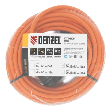 Удлинитель-шнур силовой Garden Series DENZEL, ПВС, 10м, 1 розетка 3 x 1,5 мм