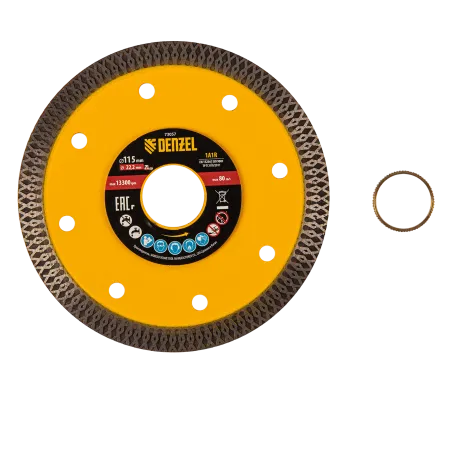 Диск алмазный отрезной DENZEL 115 х 22,2мм, сплошной, супертонкий, горячий пресс, сухой/мокрый рез