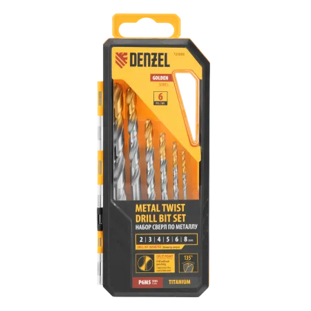 Набор сверл по металлу DENZEL, 2-8 мм, Р6М5-TiN, Golden Tip, 6 шт