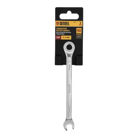 Ключ комбинированный трещоточный DENZEL, 9 мм, CrV, матовый хром
