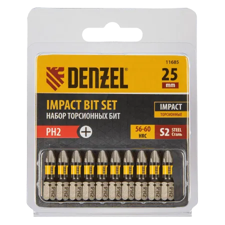 Бита DENZEL IMPACT, PH2x25 мм, лазерная обработка шлица, сталь S2, 10 шт., Е 6,3