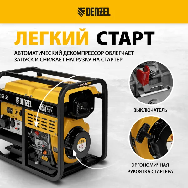 Генератор дизельный DENZEL DES-55, 5,5 кВт, 230 В, 11 л, ручной стартер