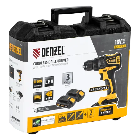 Аккумуляторная дрель-шуруповерт DENZEL BLDL-IB-18-02, 18 В, 2 x 2 Ач