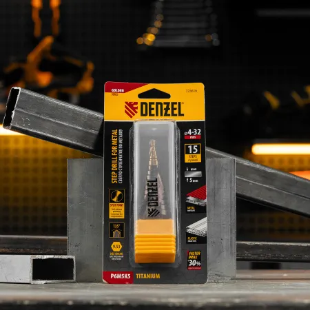 Сверло ступенчатое DENZEL, 4-6-8-10-12-14-16-18-20-22-24-26-28-30-32 мм, Р6М5К5, 6-гр. хвостовик
