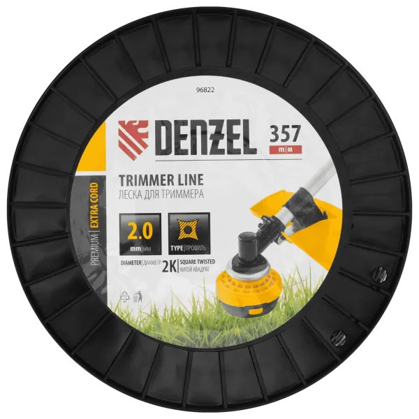 Леска для триммера DENZEL двухкомпонентная витой квадрат, 2,0мм х 357м, на DIN катушке EXTRA CORD