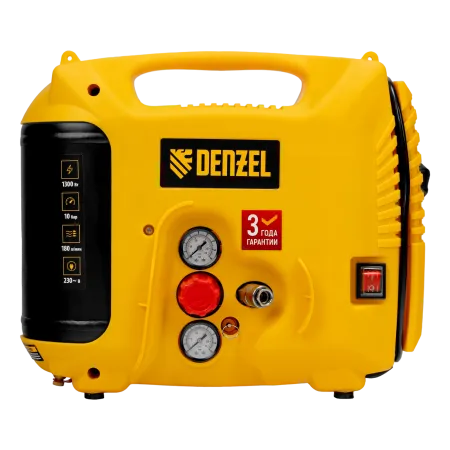 Компрессор воздушный DENZEL DL1300, 10 бар, 1,3 кВт 180 л/мин 5 л, с набором аксессуаров