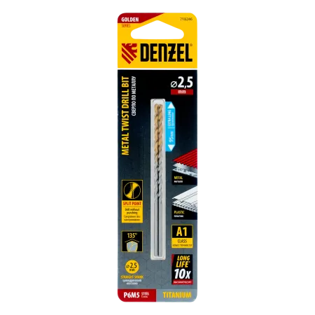 Сверло спиральное по металлу DENZEL 2,5 х 95 мм Р6М5, Golden Tip, удлиненное, 2шт.